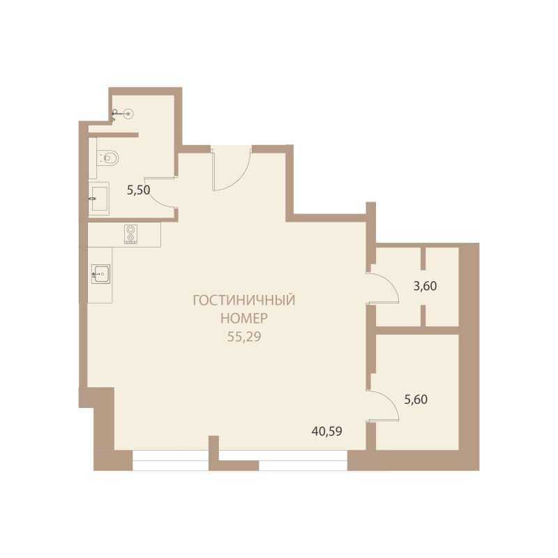 Планировка: 1-комнатная квартира, 55,29 м²