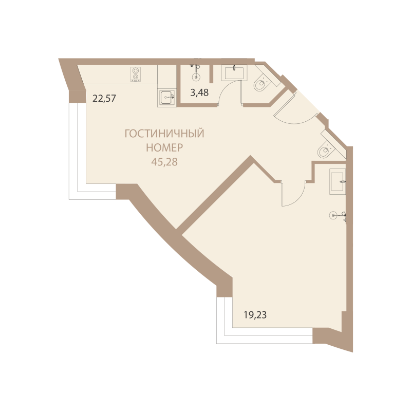 Планировка: 1-комнатная квартира, 45,28 м²