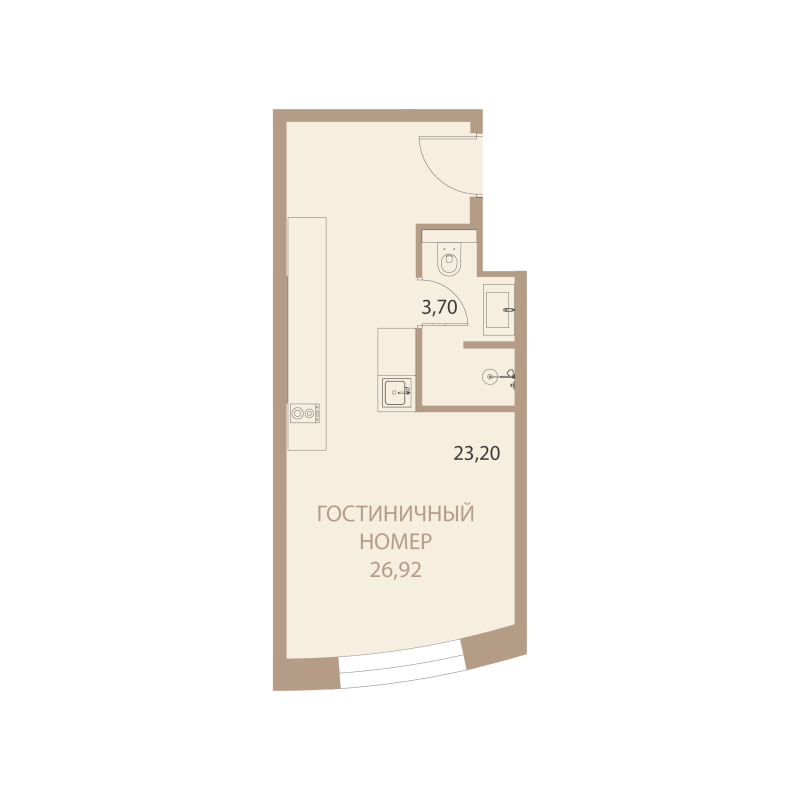 Планировка: 1-комнатная квартира, 26,92 м²
