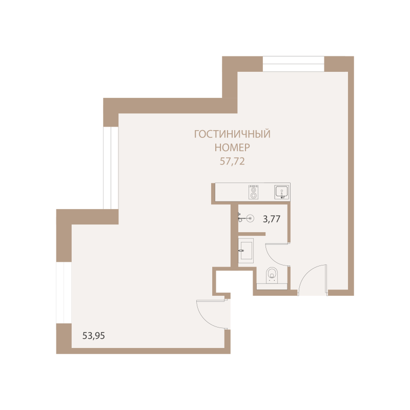 Планировка: 1-комнатная квартира, 57,72 м²