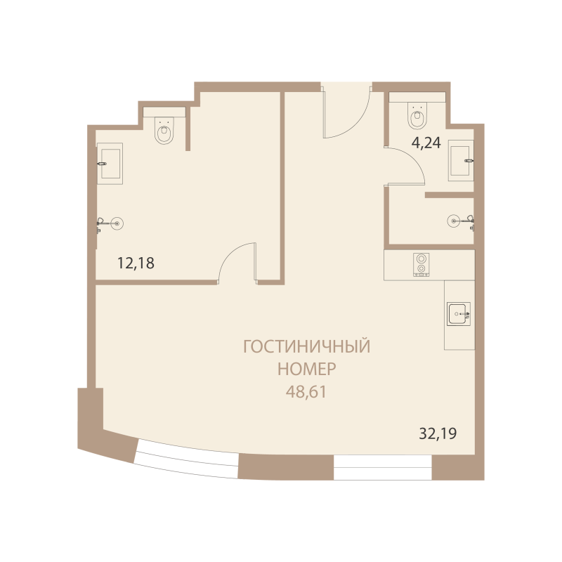 Планировка: 1-комнатная квартира, 48,61 м²