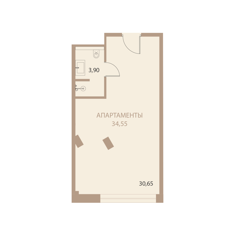 Планировка: 1-комнатная квартира, 34,55 м²