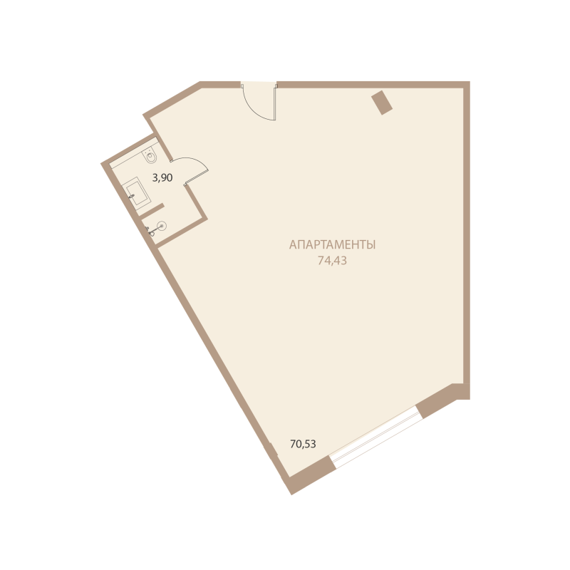 Планировка: 1-комнатная квартира, 74,43 м²