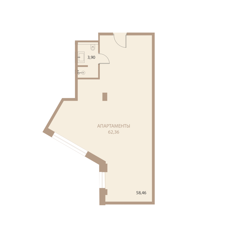 Планировка: 1-комнатная квартира, 62,36 м²