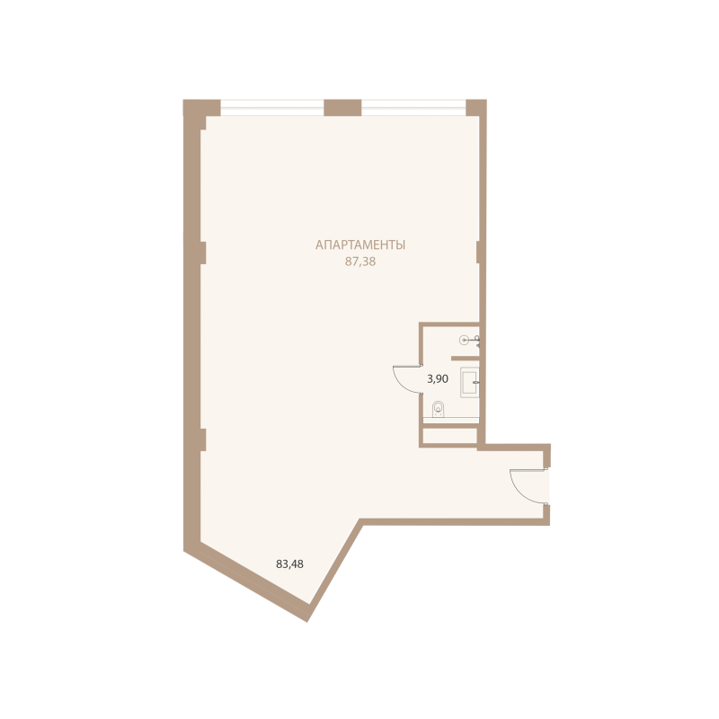Планировка: 1-комнатная квартира, 87,38 м²