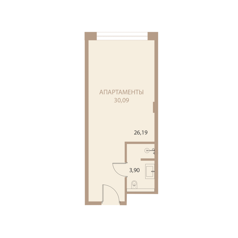 Планировка: 1-комнатная квартира, 30,09 м²