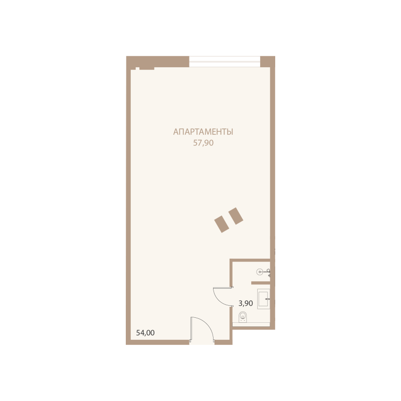 Планировка: 1-комнатная квартира, 57,9 м²