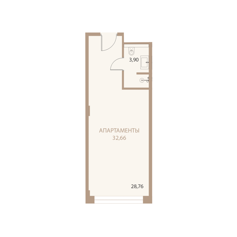 Планировка: 1-комнатная квартира, 32,66 м²