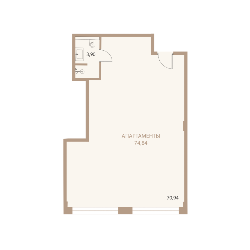 Планировка: 1-комнатная квартира, 74,84 м²