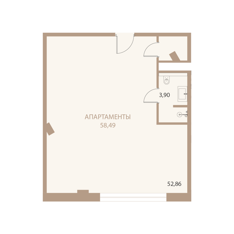 Планировка: 1-комнатная квартира, 58,49 м²
