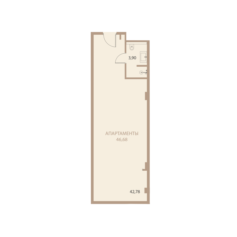 Планировка: 1-комнатная квартира, 46,68 м²