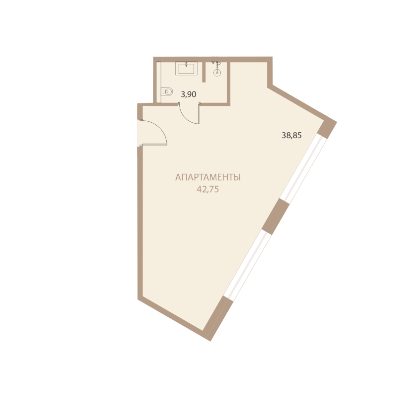Планировка: 1-комнатная квартира, 42,75 м²