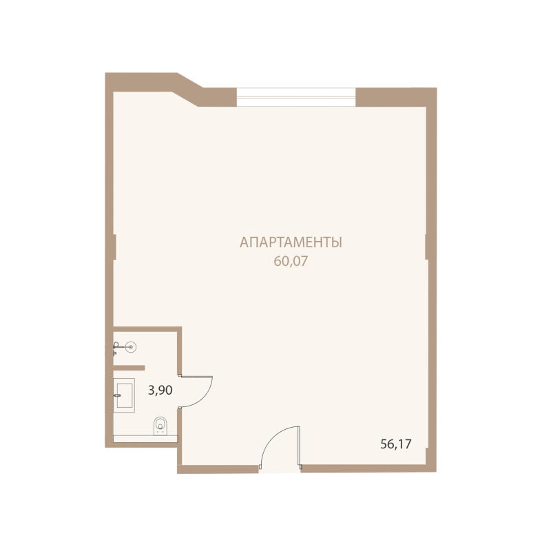 Планировка: 1-комнатная квартира, 60,07 м²