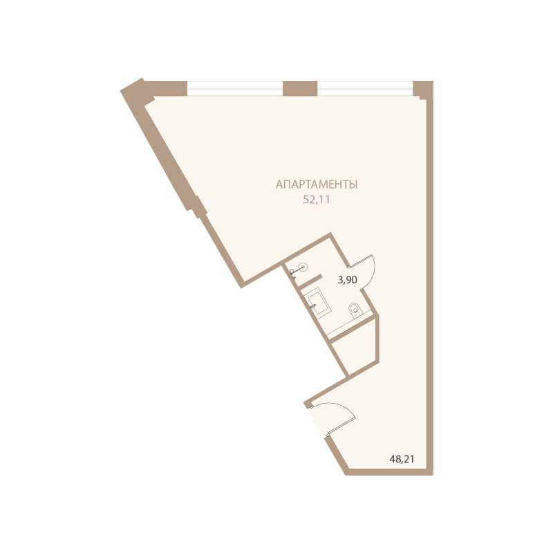 Планировка: 1-комнатная квартира, 52,11 м²