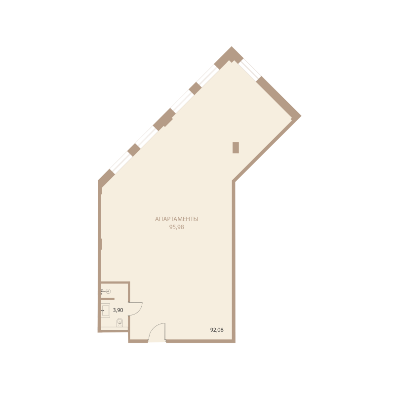 Планировка: 1-комнатная квартира, 95,98 м²