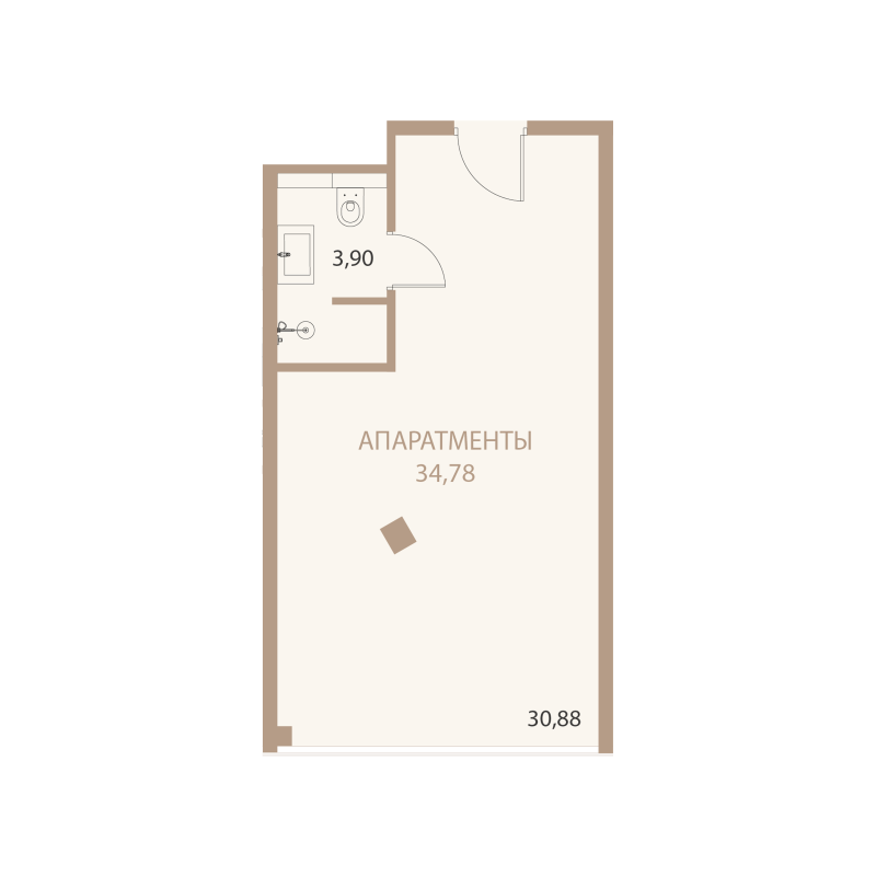 Планировка: 1-комнатная квартира, 34,78 м²