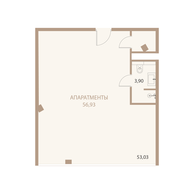 Планировка: 1-комнатная квартира, 56,93 м²