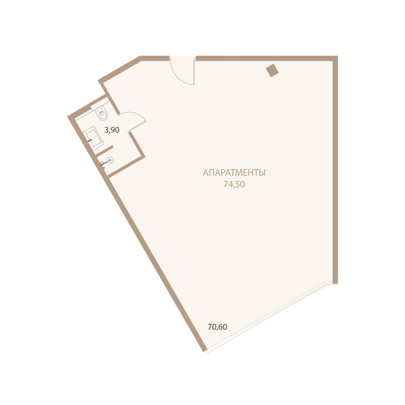 Планировка: 1-комнатная квартира, 74,5 м²