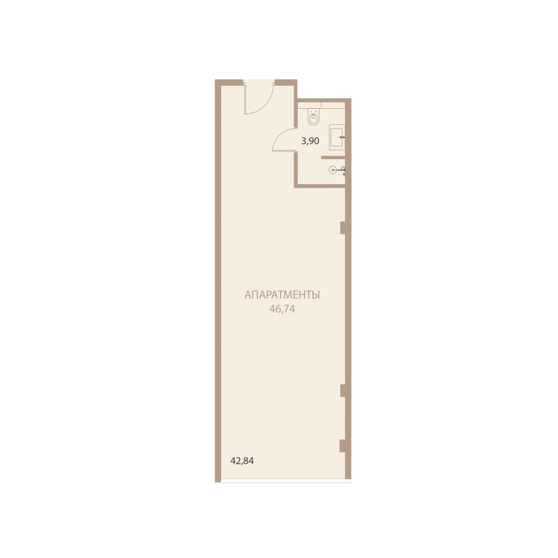 Планировка: 1-комнатная квартира, 46,74 м²