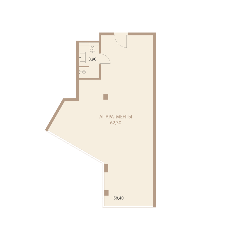 Планировка: 1-комнатная квартира, 62,3 м²