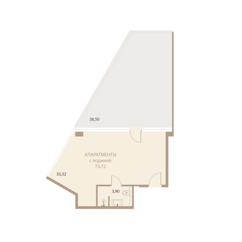 Планировка: 1-комнатная квартира, 73,72 м²