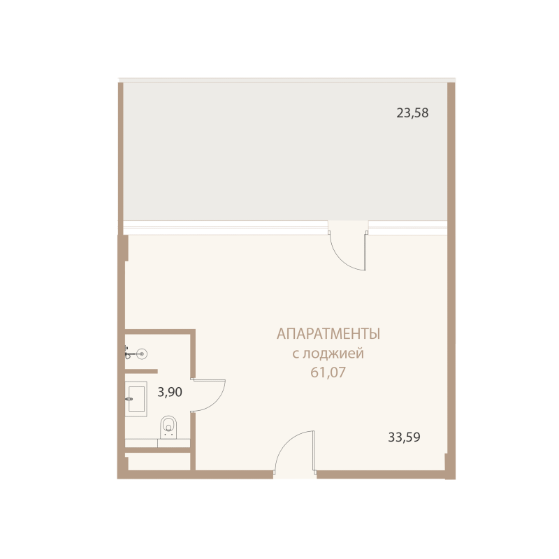 Планировка: 1-комнатная квартира, 61,07 м²