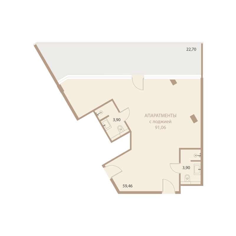 Планировка: 1-комнатная квартира, 91,06 м²