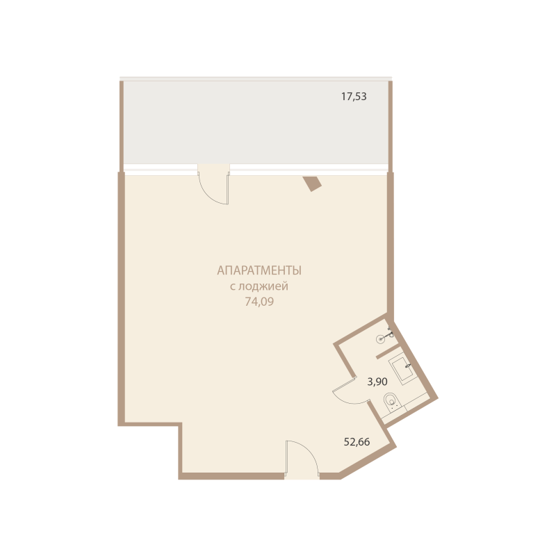 Планировка: 1-комнатная квартира, 74,09 м²
