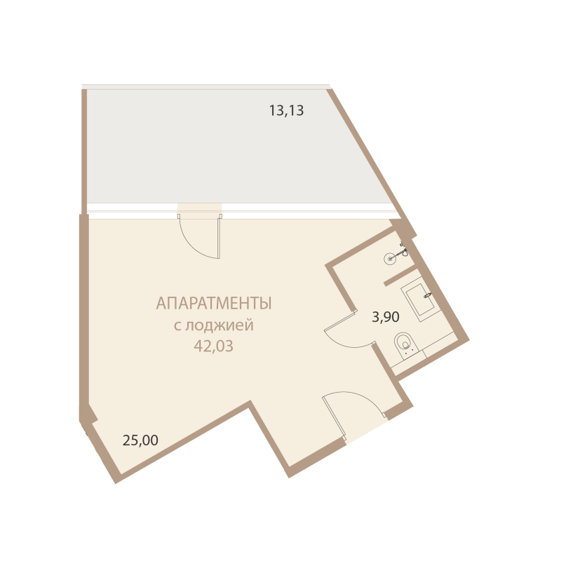 Планировка: 1-комнатная квартира, 42,03 м²