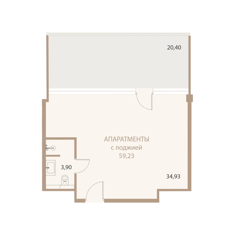 Планировка: 1-комнатная квартира, 59,23 м²