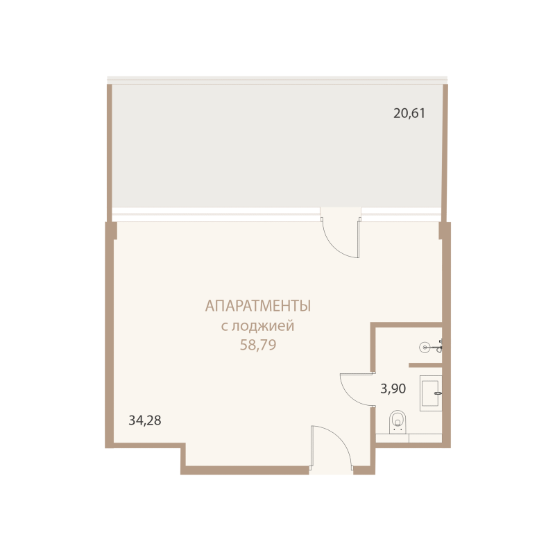 Планировка: 1-комнатная квартира, 58,79 м²