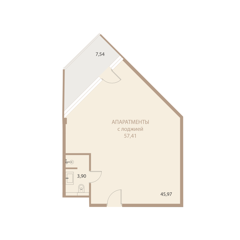 Планировка: 1-комнатная квартира, 57,41 м²