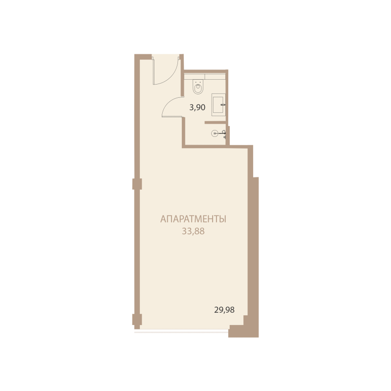 Планировка: 1-комнатная квартира, 33,88 м²