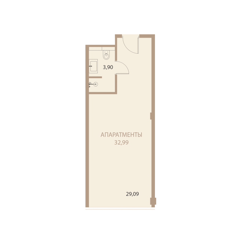 Планировка: 1-комнатная квартира, 32,99 м²