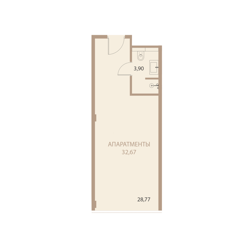 Планировка: 1-комнатная квартира, 32,67 м²