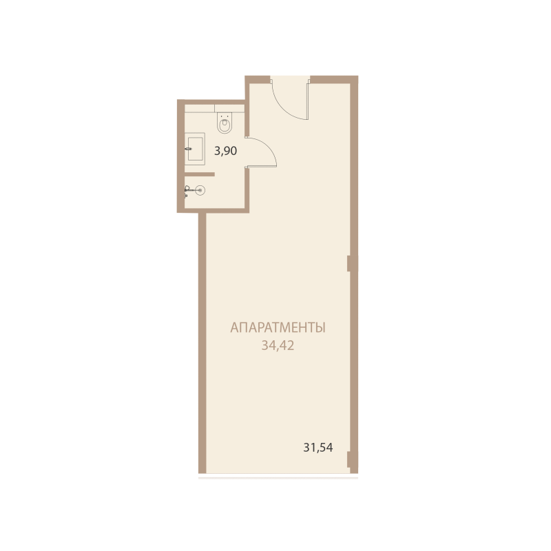 Планировка: 1-комнатная квартира, 34,42 м²