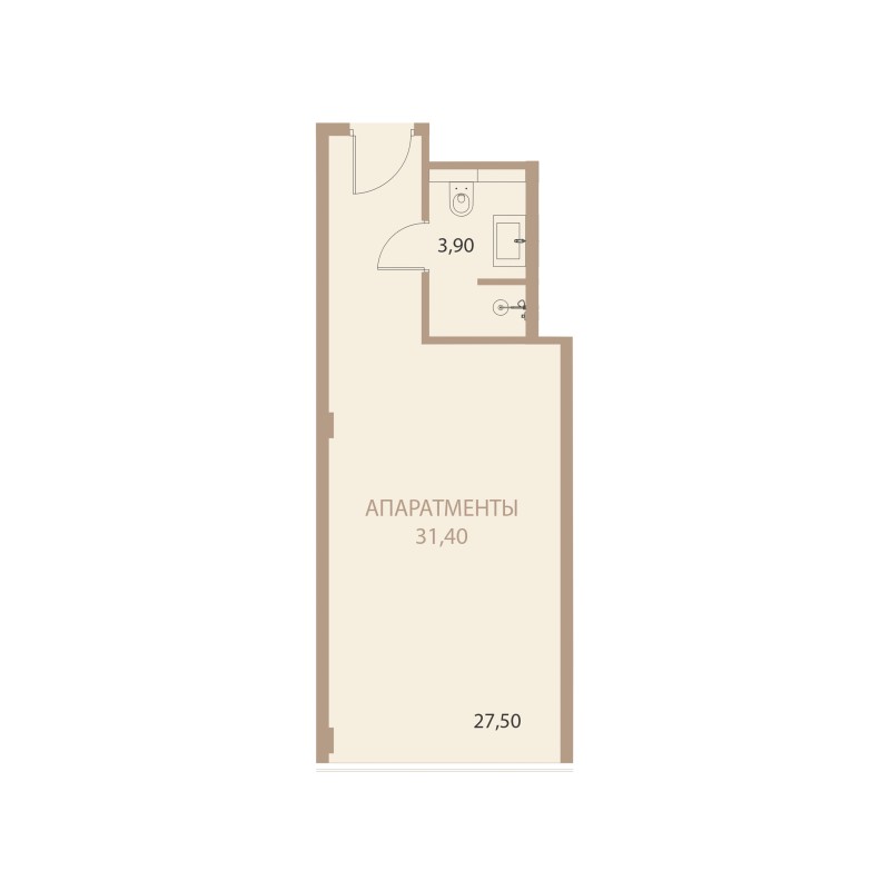 Планировка: 1-комнатная квартира, 31,4 м²