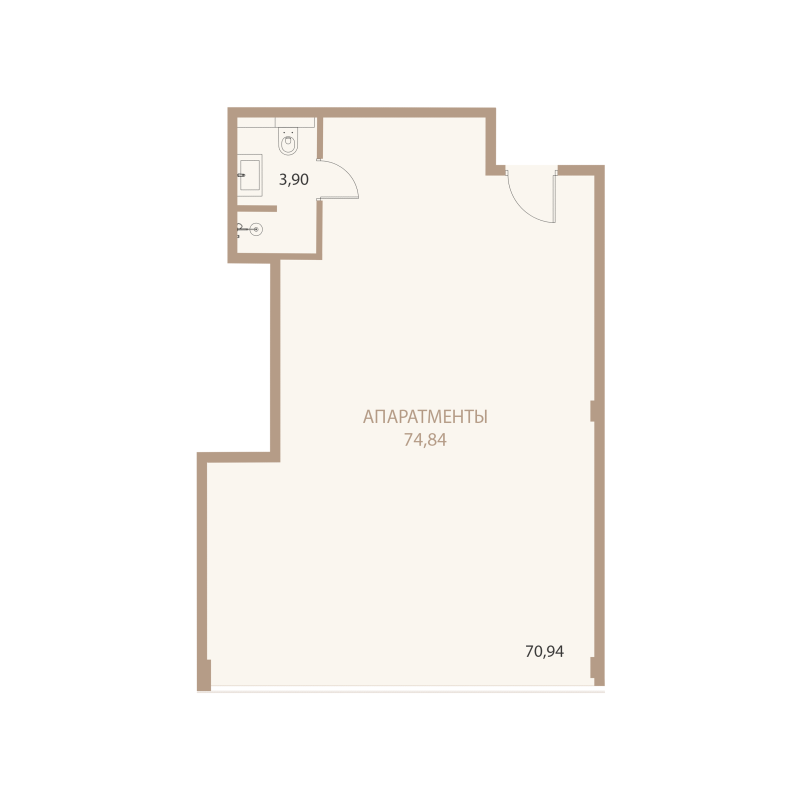 Планировка: 1-комнатная квартира, 74,84 м²