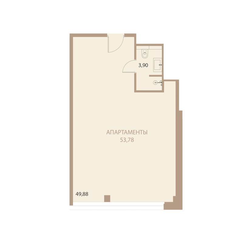 Планировка: 1-комнатная квартира, 53,78 м²