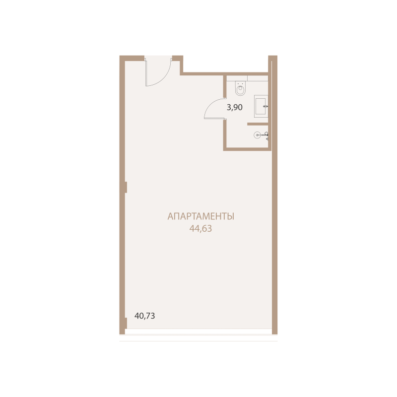 Планировка: 1-комнатная квартира, 44,63 м²