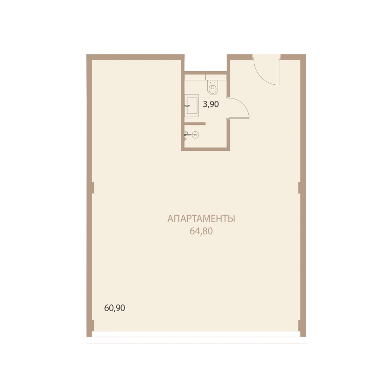 Планировка: 1-комнатная квартира, 64,8 м²