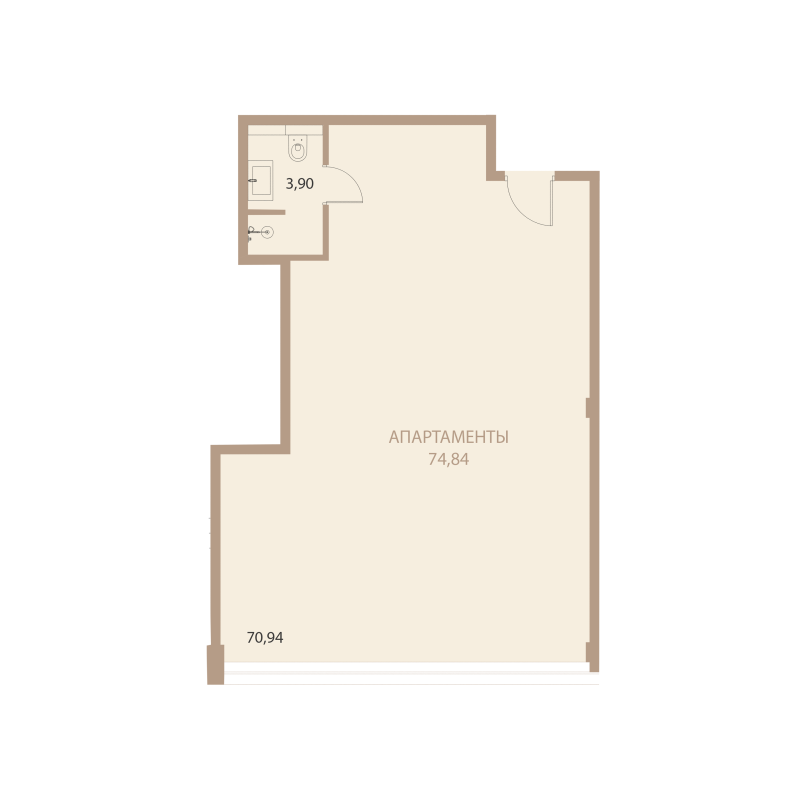 Планировка: 1-комнатная квартира, 74,84 м²