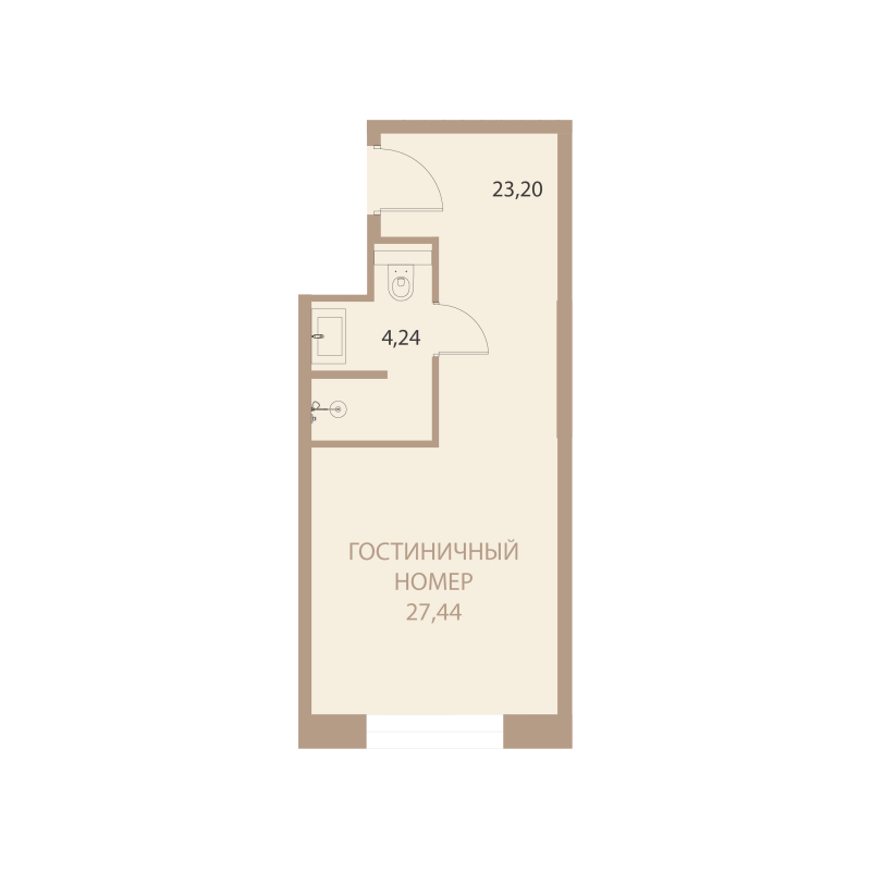 Планировка: 1-комнатная квартира, 27,44 м²