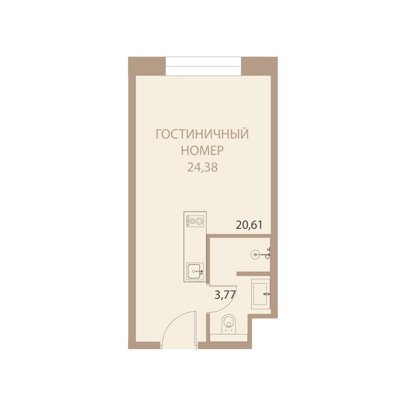 Планировка: 1-комнатная квартира, 24,38 м²