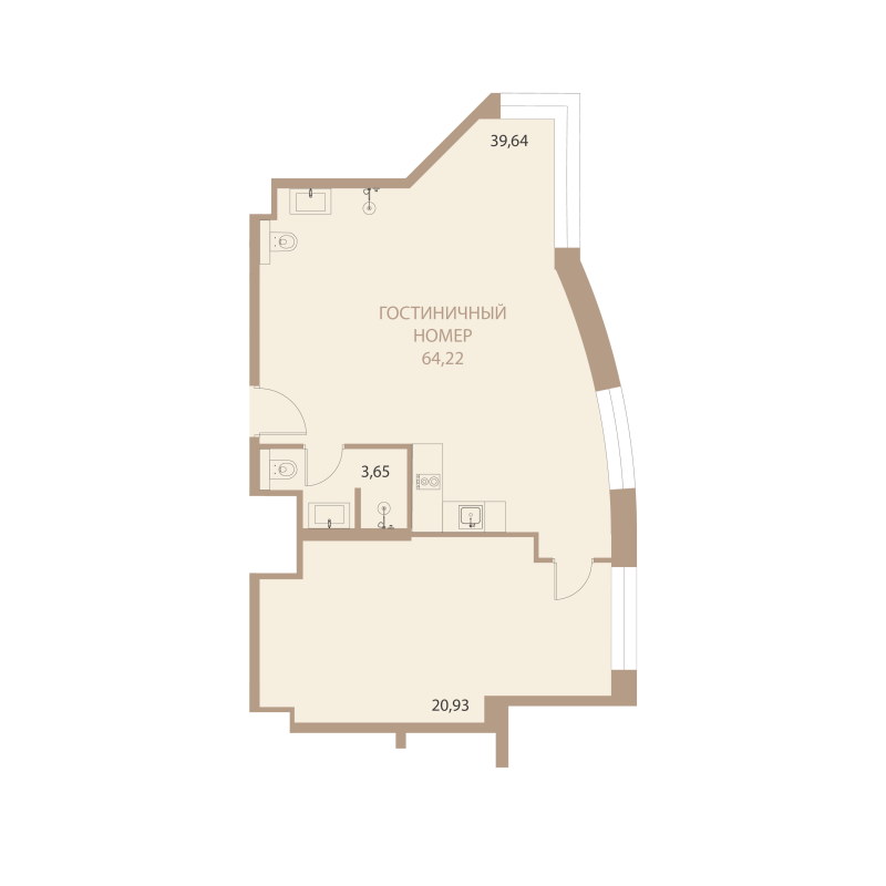 Планировка: 1-комнатная квартира, 64,22 м²